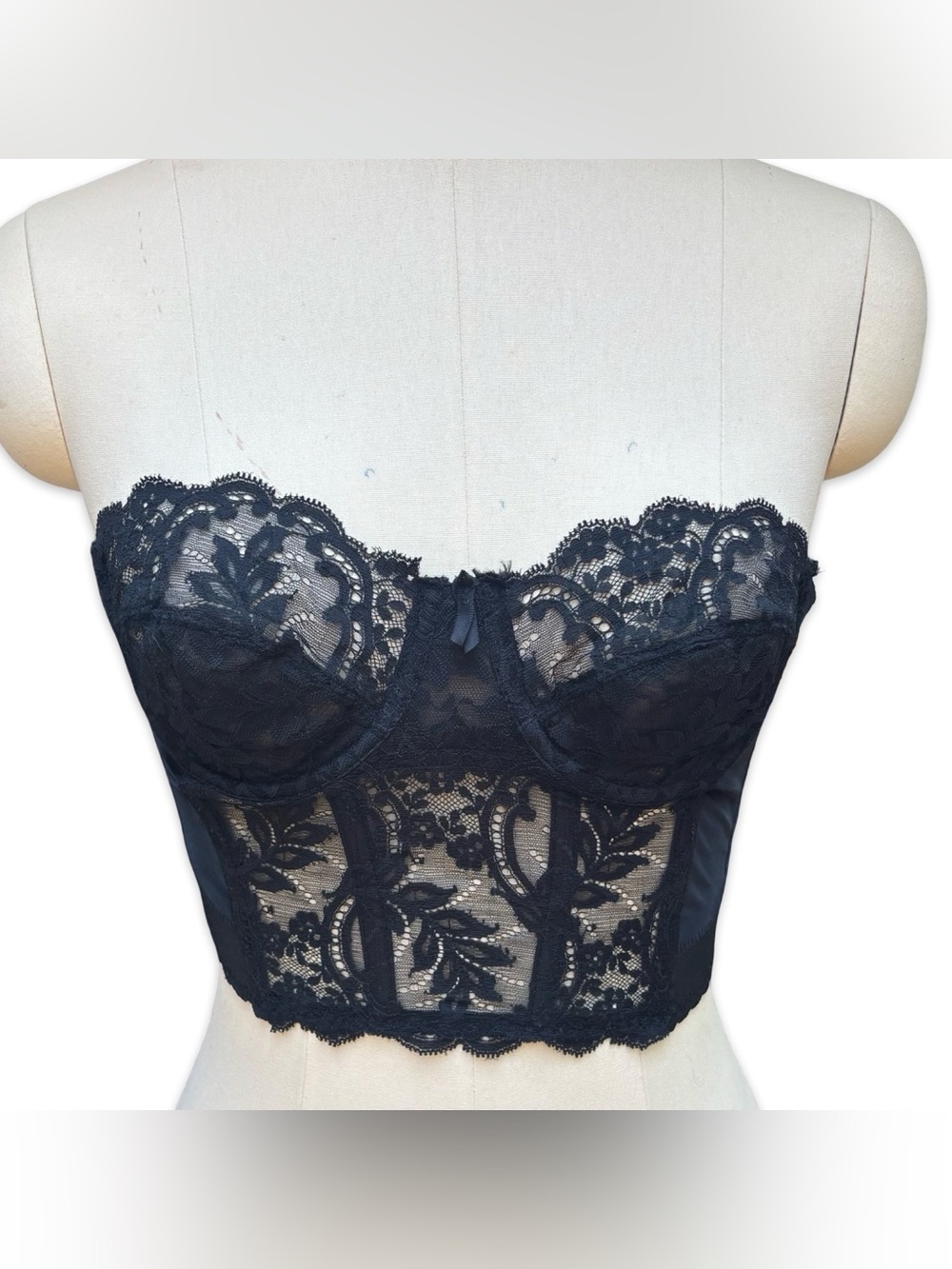 VTG Smoothie Fleur de Lace Backless Longline Strapless Bustier Bra Black 34B
